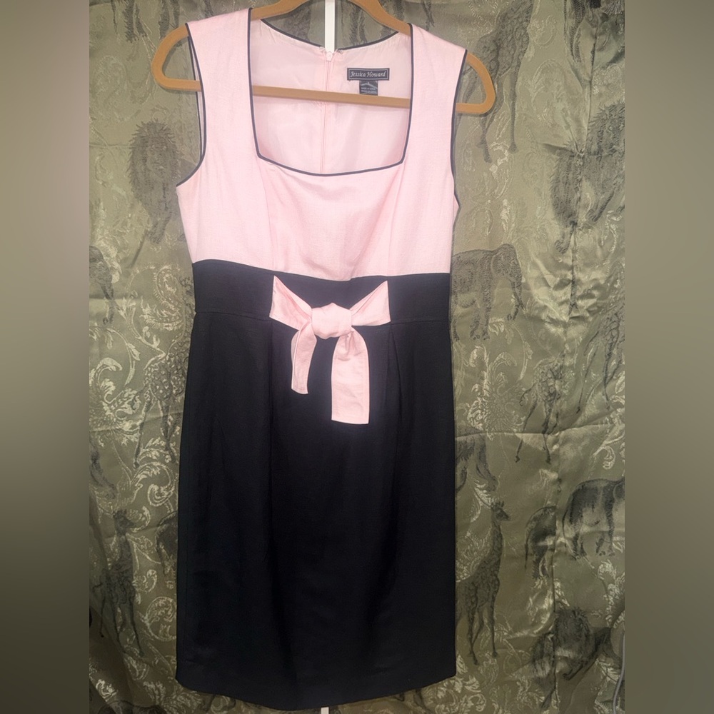 Jessica Howard Pink and Black Bow-Waist Midi Dress